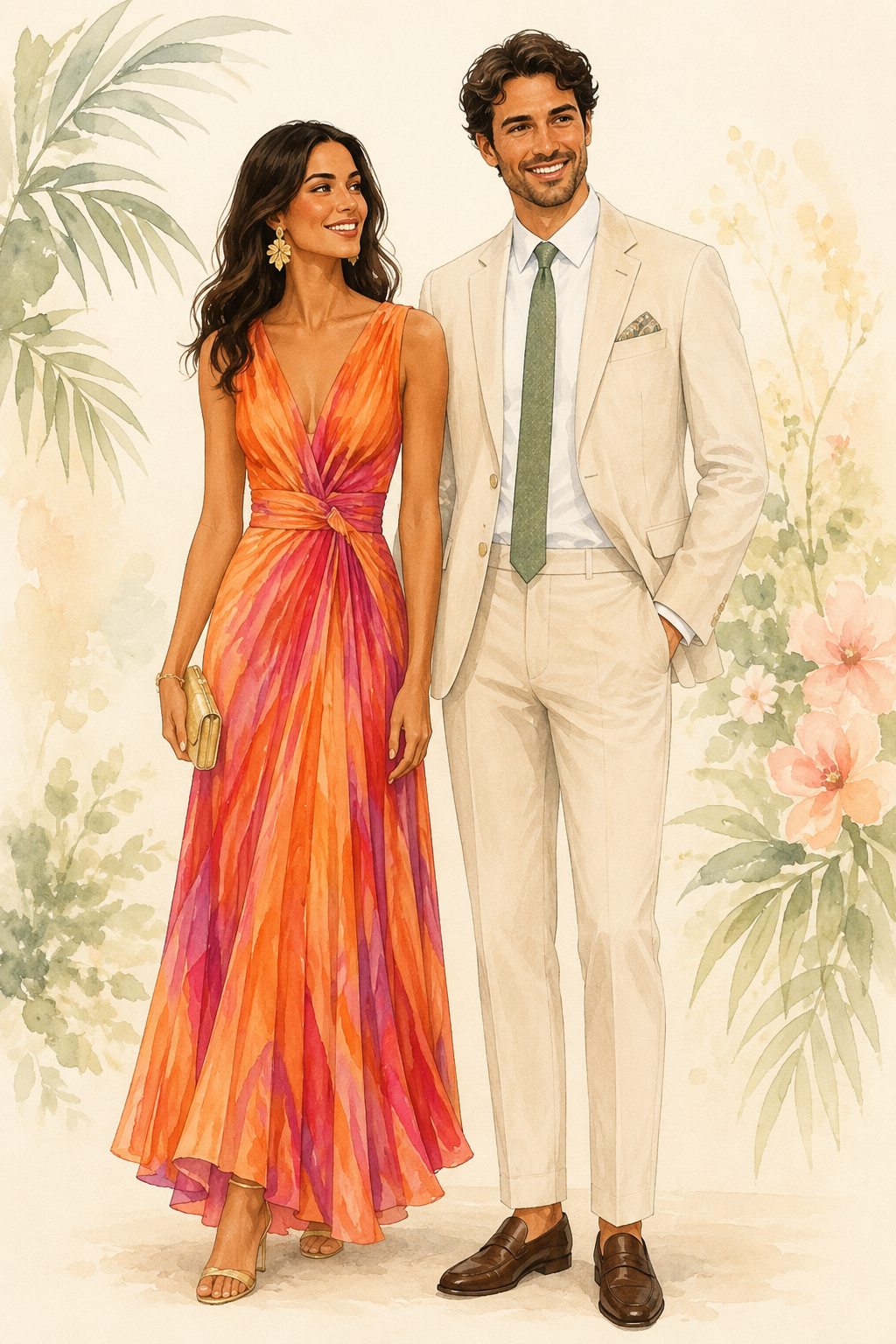 Illustration of tropical formal attire for the wedding day